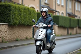 Jeune garçon à scooter dans une rue résidentielle en France