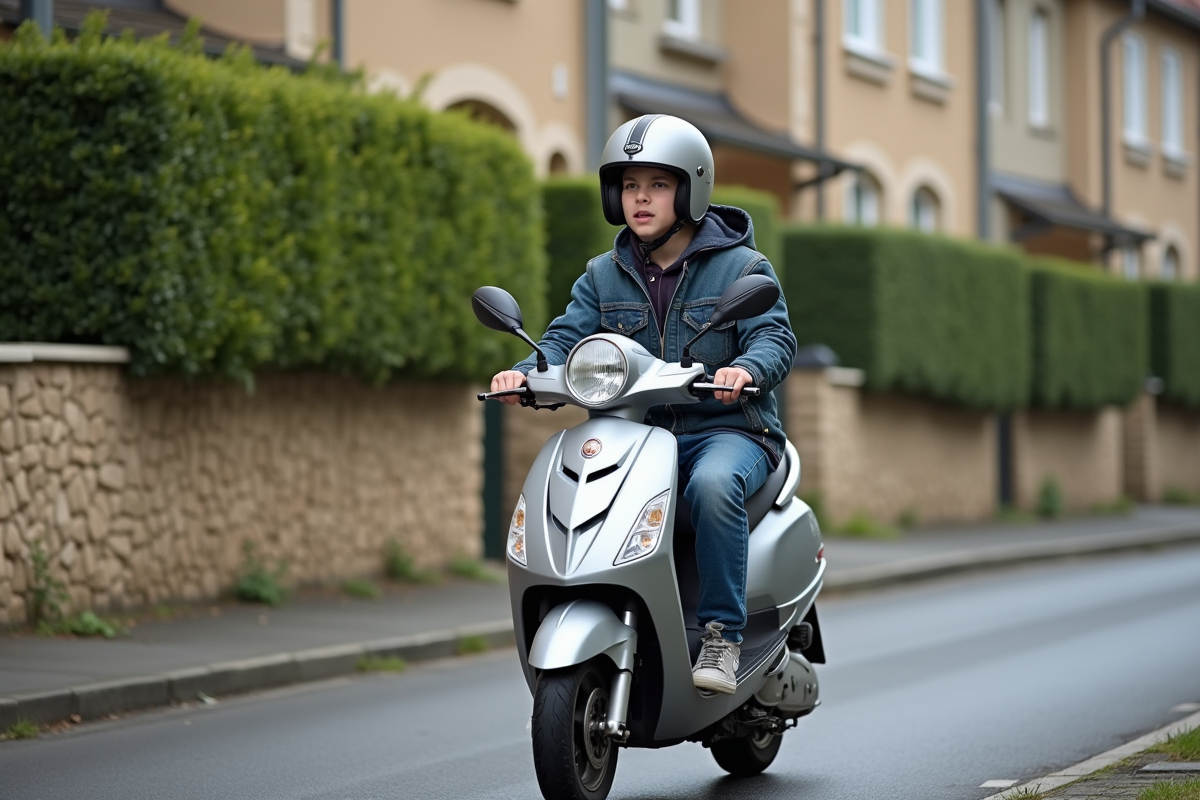 Jeune garçon à scooter dans une rue résidentielle en France