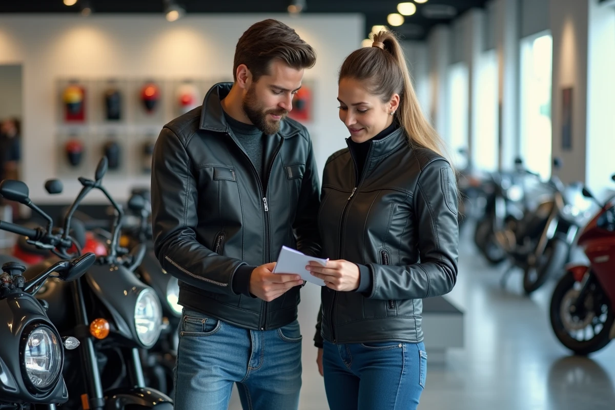 Deux jeunes motards découvrant une moto sportive A2 dans un showroom concessionnaire