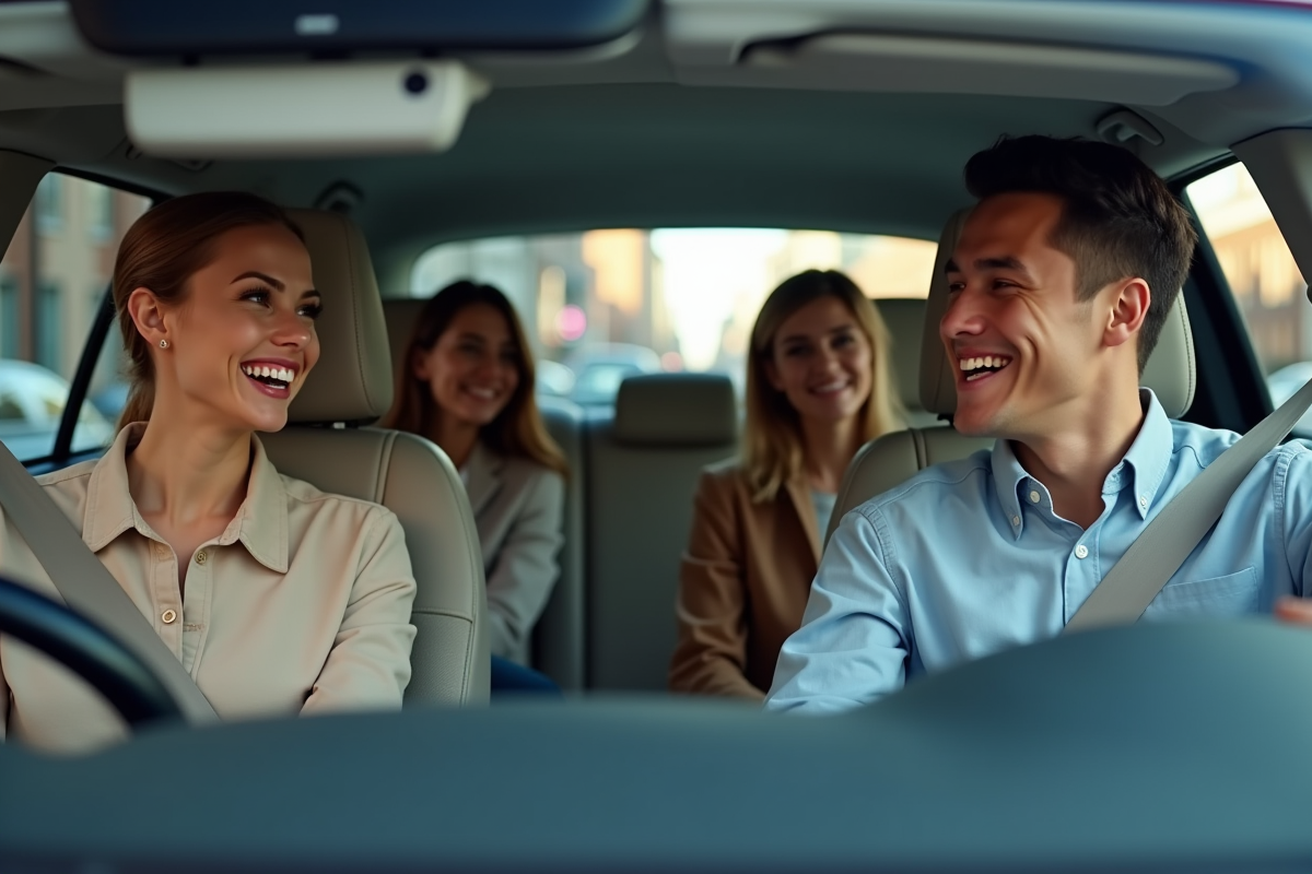 Quatre jeunes professionnels discutant dans une voiture en milieu urbain