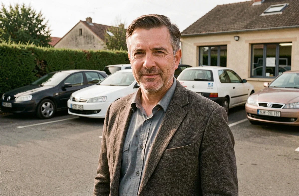 Gérant de Jovani Auto présentant des véhicules d'occasion sur le parvis du garage dans le Loiret
