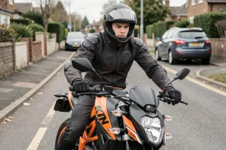 Jeune motard débutant assis sur une KTM Duke 125 2026 orange dans une rue résidentielle, adopting une posture hésitante révélatrice des erreurs courantes des novices