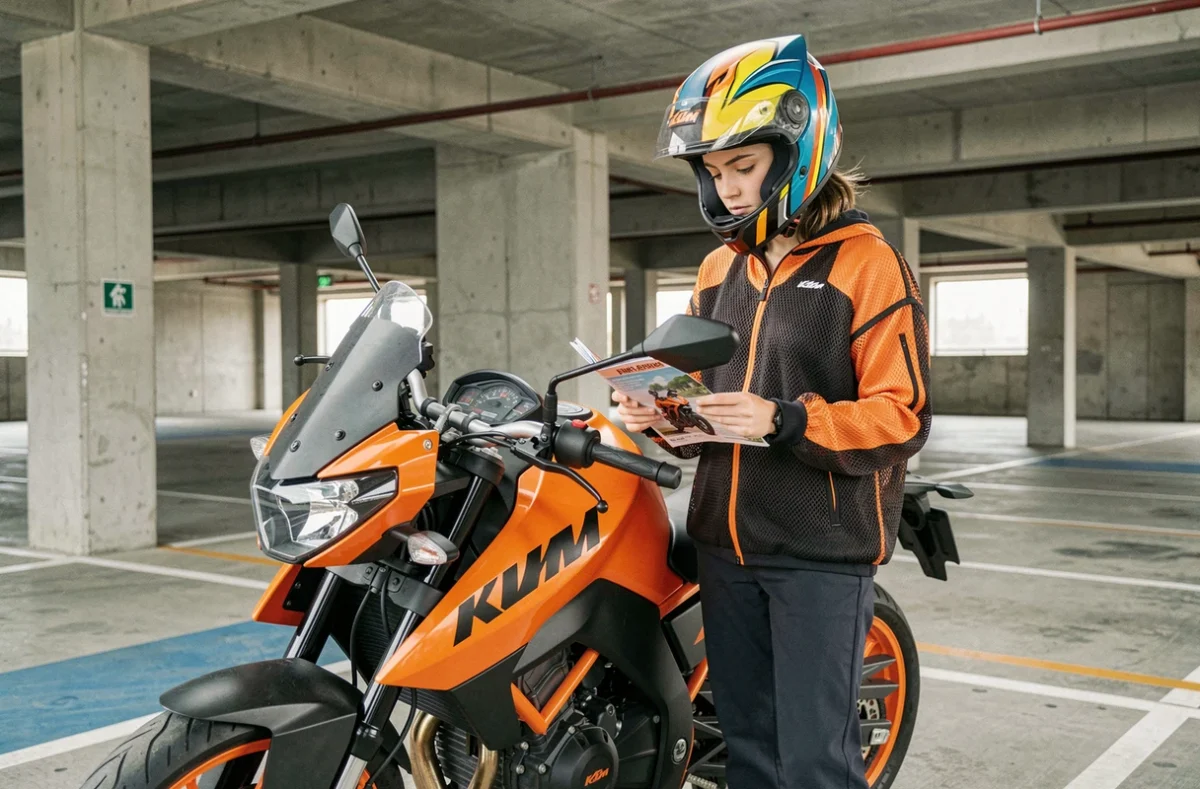 Jeune femme débutante debout à côté de sa KTM Duke 125 2026 dans un parking, consultant un guide de conduite avec une expression perplexe face aux commandes