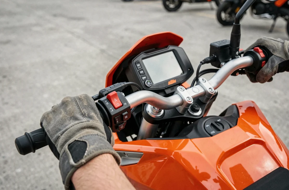 Gros plan sur les mains gantées d'un débutant tenant le guidon de la KTM Duke 125 2026 avec une prise trop crispée, erreur classique à corriger