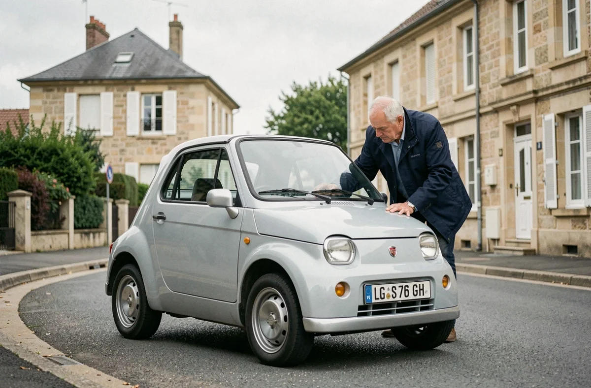 Un homme inspecte une Ligier JS50 sans permis d'occasion garée dans une rue résidentielle française