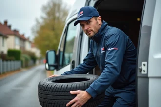 Livreur déchargeant des pneus d'un camion de livraison devant une maison en France