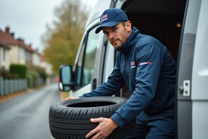 Livreur déchargeant des pneus d'un camion de livraison devant une maison en France