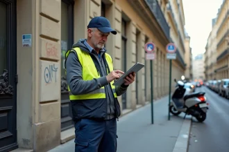 Livreur urbain à Paris consulte sa tablette