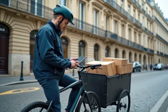 Livreur à vélo cargo consultant sa navigation devant une zone de livraison pointillés à Paris