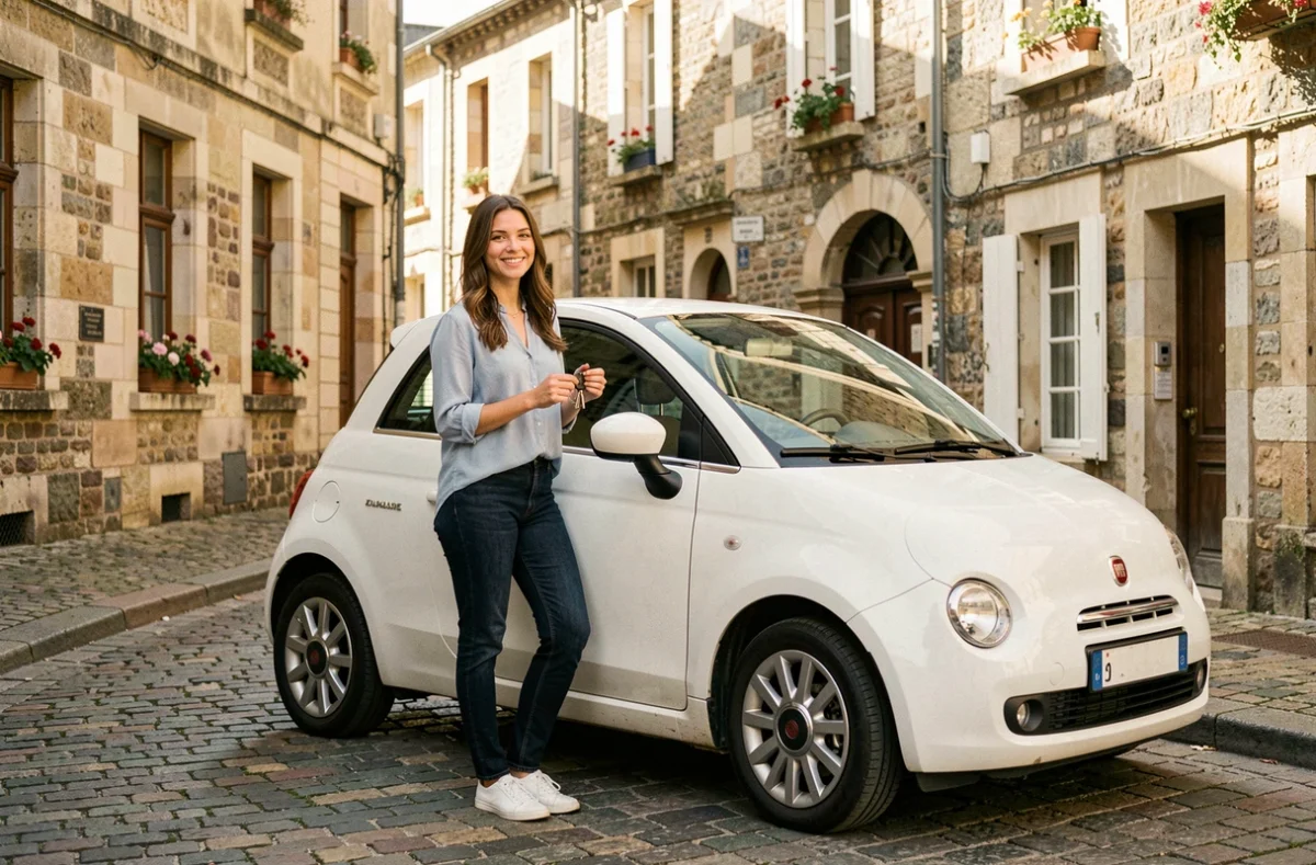 Jeune femme louant une voiture sans permis dans une rue pavée d'Auxerre