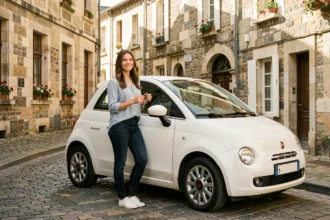 Jeune femme louant une voiture sans permis dans une rue pavée d'Auxerre
