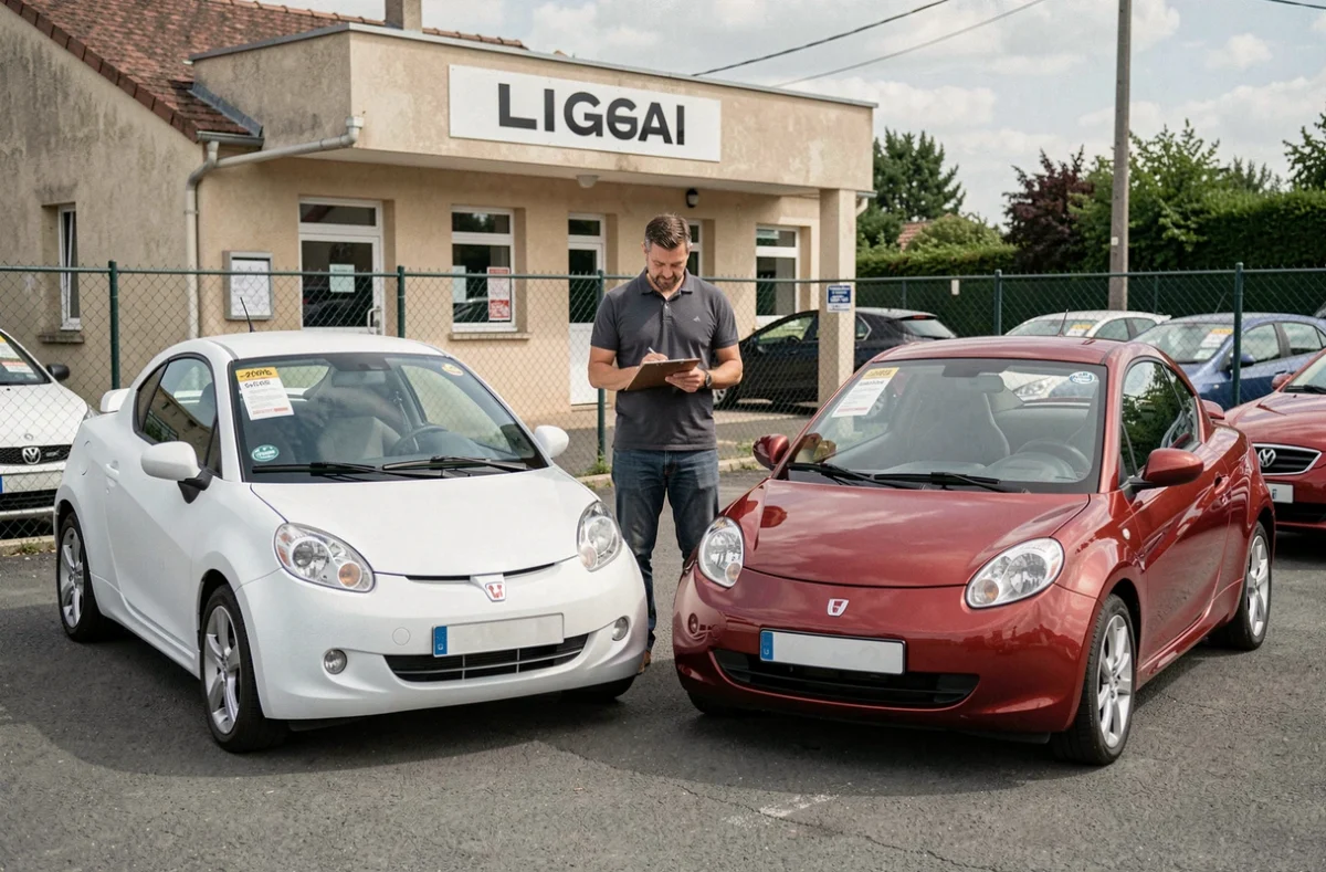 Deux Ligier sans permis exposées sur un lot de voitures d'occasion avec un vendeur consultant ses fiches