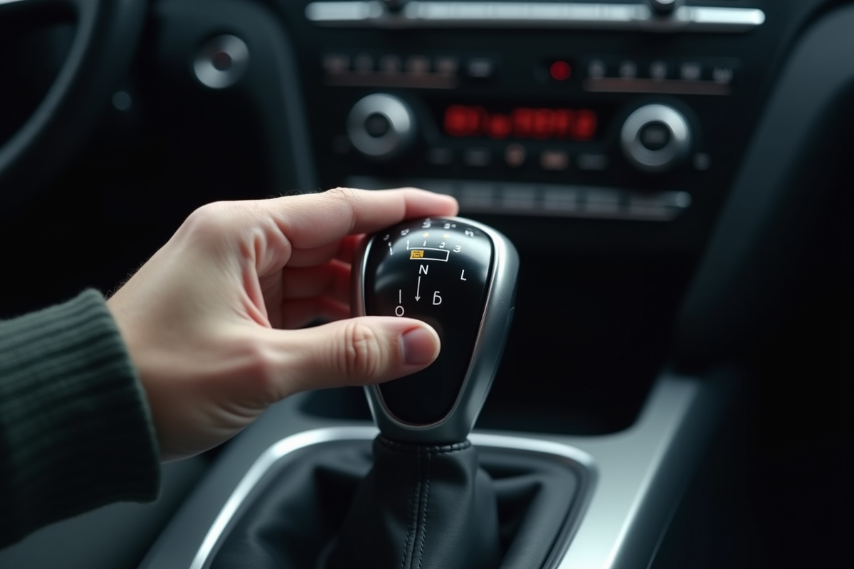 Main reposant sur le levier de vitesse automatique dans la voiture