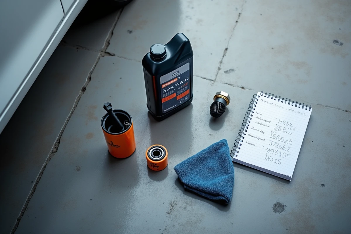 Matériel nécessaire pour réaliser une vidange d'huile sur Peugeot 208 essence, huile moteur 5W-30 et filtre à huile