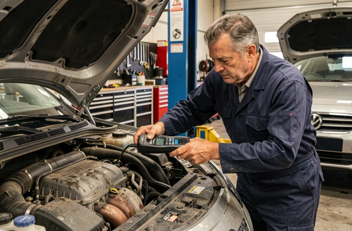 Mécanicien inspectant le moteur 1.6 BlueHDi avec scanner OBD, diagnostic usure FAP et vanne EGR en usage urbain