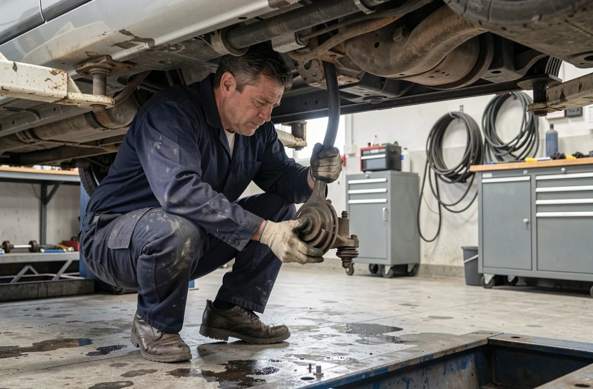 Mécanicien inspectant la timonerie de direction sous un véhicule surélevé dans un atelier automobile professionnel