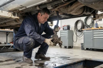Mécanicien inspectant la timonerie de direction sous un véhicule surélevé dans un atelier automobile professionnel