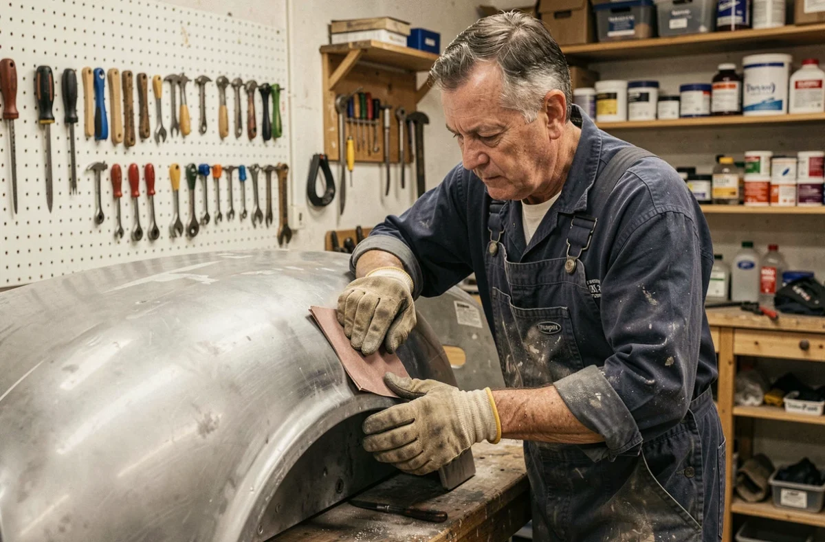 Mécanicien expérimenté ponçant un aile de Triumph TR3 dans un atelier de restauration automobile spécialisé
