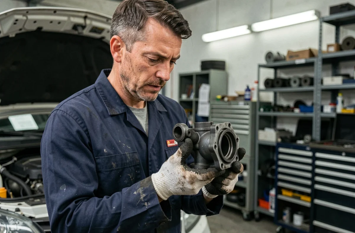Mécanicien tenant une vanne EGR encrassée lors d'un diagnostic moteur en atelier automobile