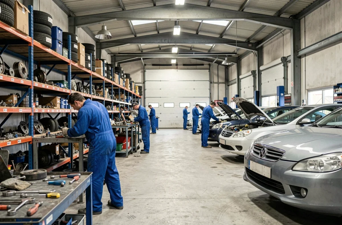 Vue d'ensemble d'un garage automobile professionnel dans le Loiret avec mécaniciens au travail
