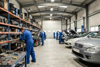 Vue d'ensemble d'un garage automobile professionnel dans le Loiret avec mécaniciens au travail