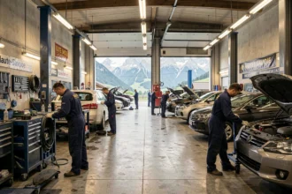 Vue panoramique d'un garage automobile professionnel en Haute-Savoie avec plusieurs mécaniciens au travail