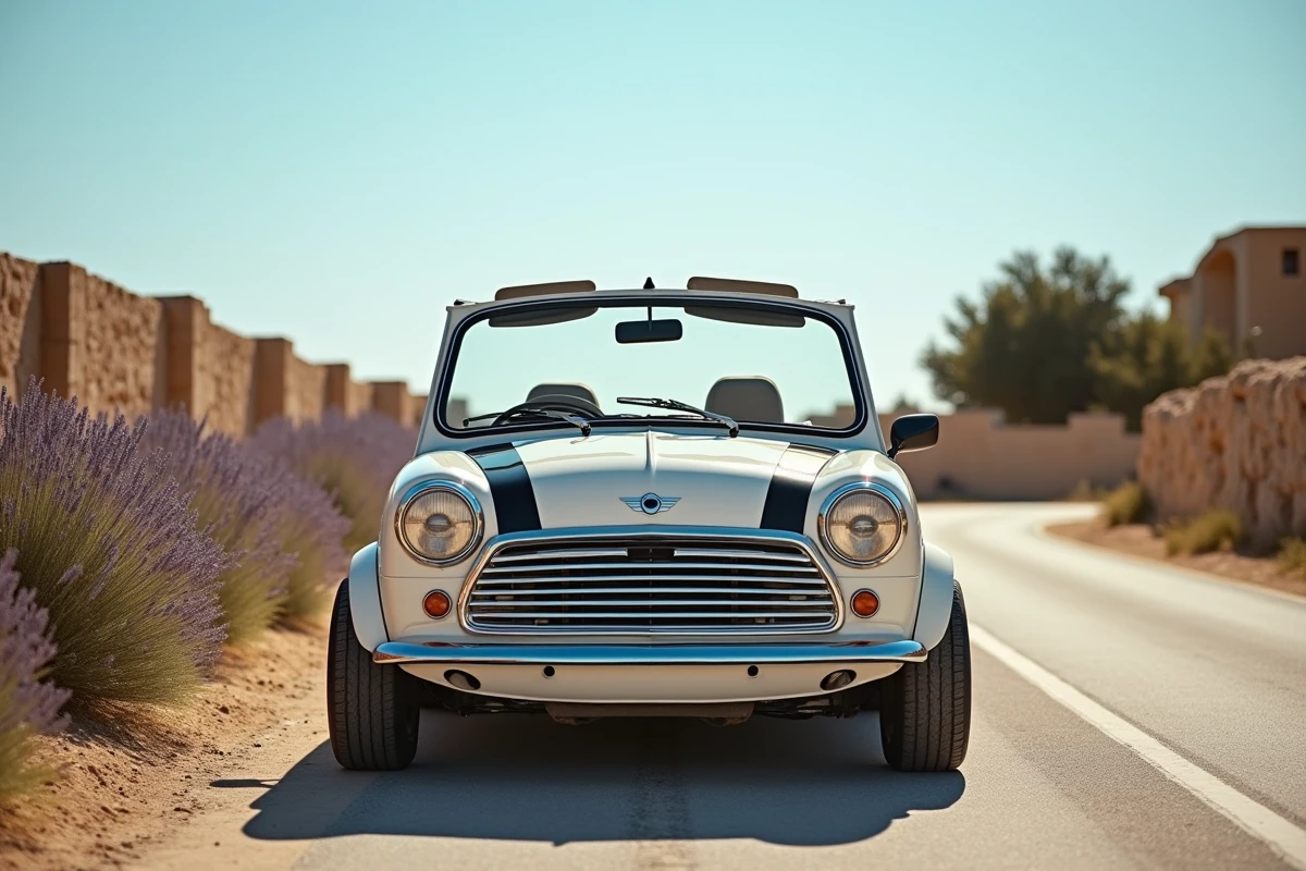 Mini Cooper Moke cabriolet blanc garé sur une route côtière méditerranéenne en 2026, vue 3/4 avant sur fond de ciel bleu et lavande