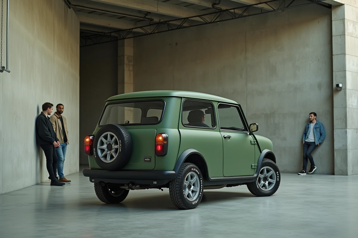 Mini Cooper Moke vert mat vue de trois quarts arrière dans un garage urbain en béton, deux amis en arrière-plan, style contemporain