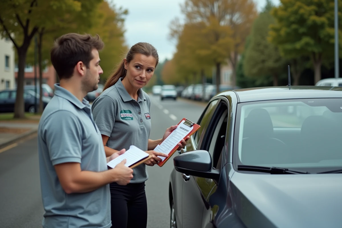 Monitrice d'auto-école expliquant les critères de la grille d'évaluation du permis de conduire à un élève