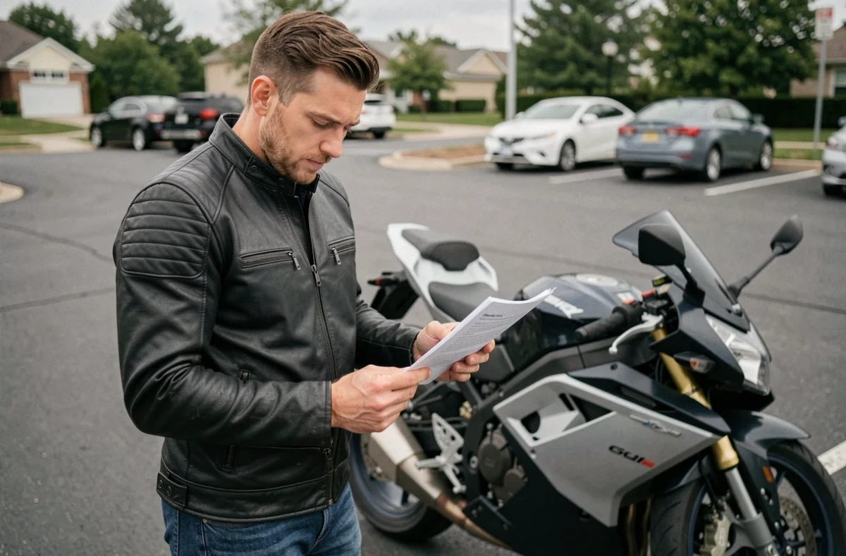 Motard consultant un document d'assurance moto à côté de sa moto dans un parking