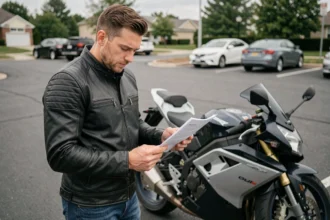 Motard consultant un document d'assurance moto à côté de sa moto dans un parking