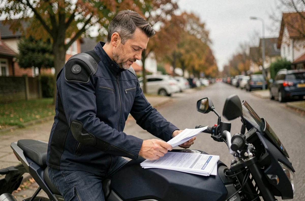 Motard consultant des documents d'assurance moto posés sur son réservoir dans une rue résidentielle en automne