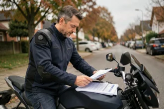 Motard consultant des documents d'assurance moto posés sur son réservoir dans une rue résidentielle en automne