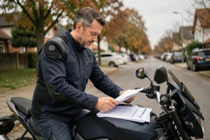 Motard consultant des documents d'assurance moto posés sur son réservoir dans une rue résidentielle en automne