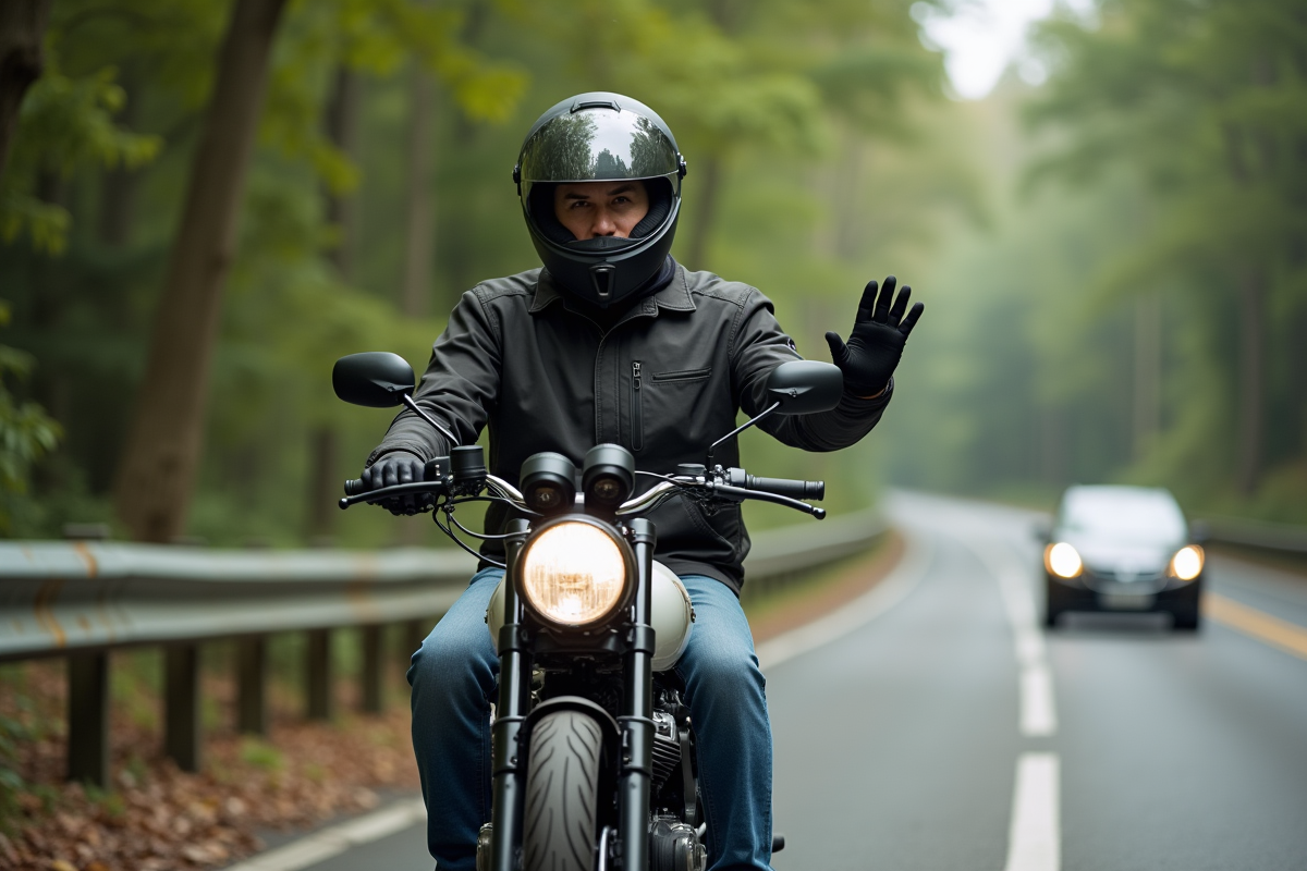 Motard en textile signalant sur route forestière