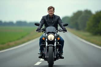 Motard en moto sur route asphaltée verte champs