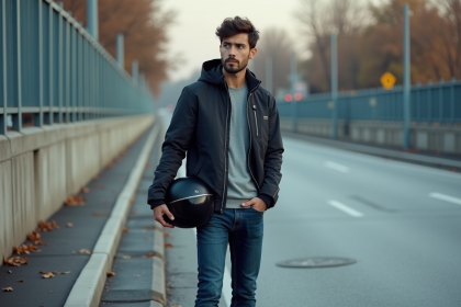 Jeune motard urbain avec casque à côté d'une place vide