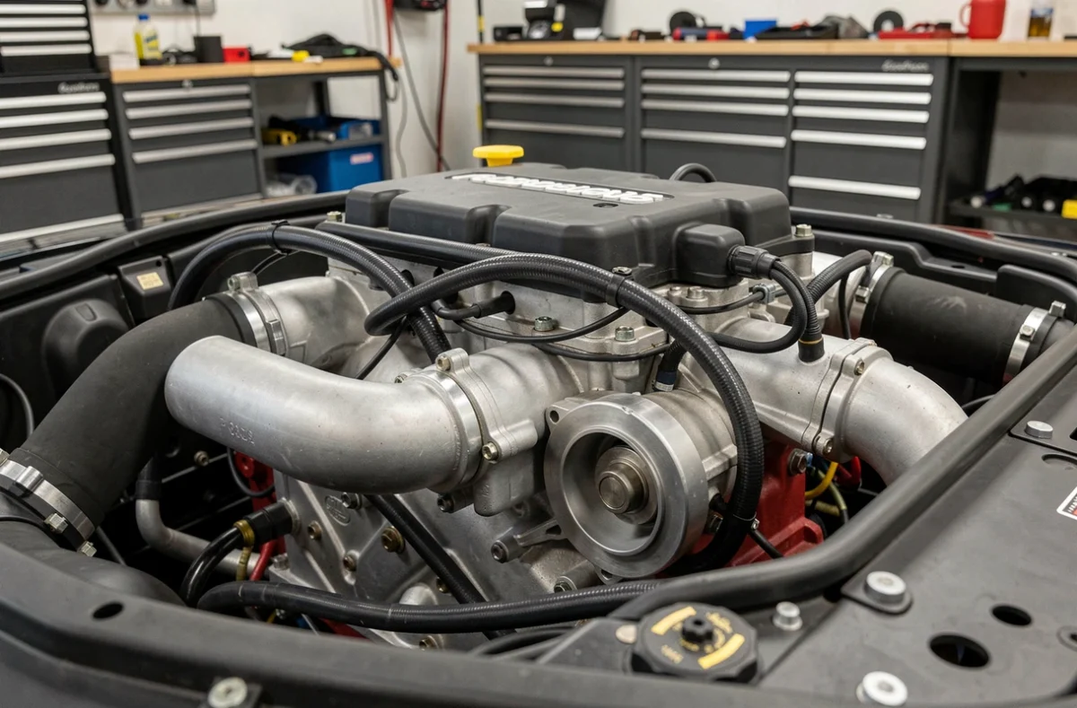 Moteur turbo moderne en gros plan dans un atelier mécanique, montrant le turbocompresseur et les tuyauteries d'admission