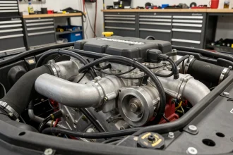 Moteur turbo moderne en gros plan dans un atelier mécanique, montrant le turbocompresseur et les tuyauteries d'admission