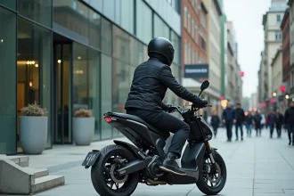 Motard en veste de ville garant sa moto compacte devant un immeuble de bureaux pour son trajet domicile-travail quotidien