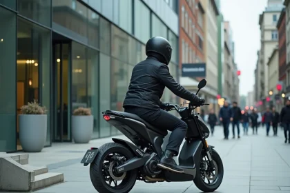 Motard en veste de ville garant sa moto compacte devant un immeuble de bureaux pour son trajet domicile-travail quotidien