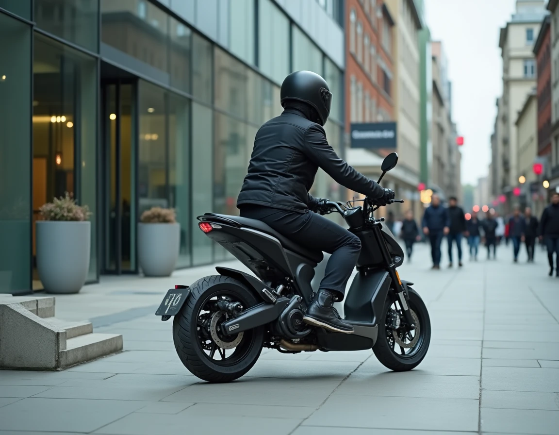 Motard en veste de ville garant sa moto compacte devant un immeuble de bureaux pour son trajet domicile-travail quotidien