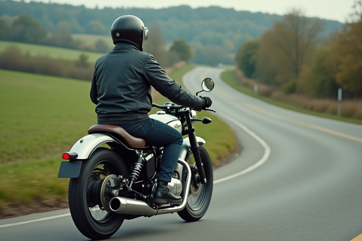 Homme en moto classique avec sidecar sur route de campagne