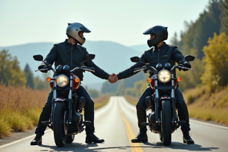 Deux motards échangent un salut amical sur une route ensoleillée