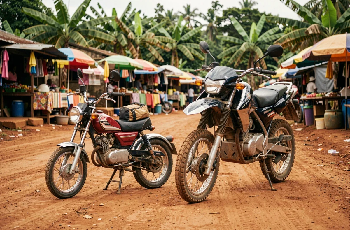 Deux motos de cylindrées différentes garées sur une route en latérite rouge près d'un marché rural au Cameroun