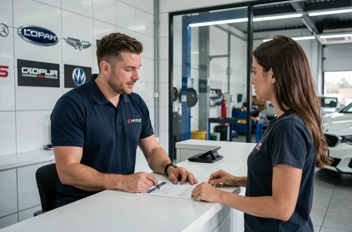 Conseiller de MTP 45 accueillant une cliente à la réception du garage