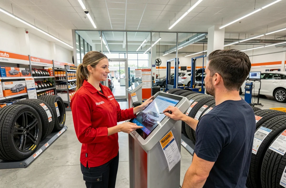 Conseillère Norauto Orléans Fleury-les-Aubrais aidant un client à choisir des pneus