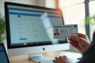 Main tenant un permis de conduire européen devant un écran