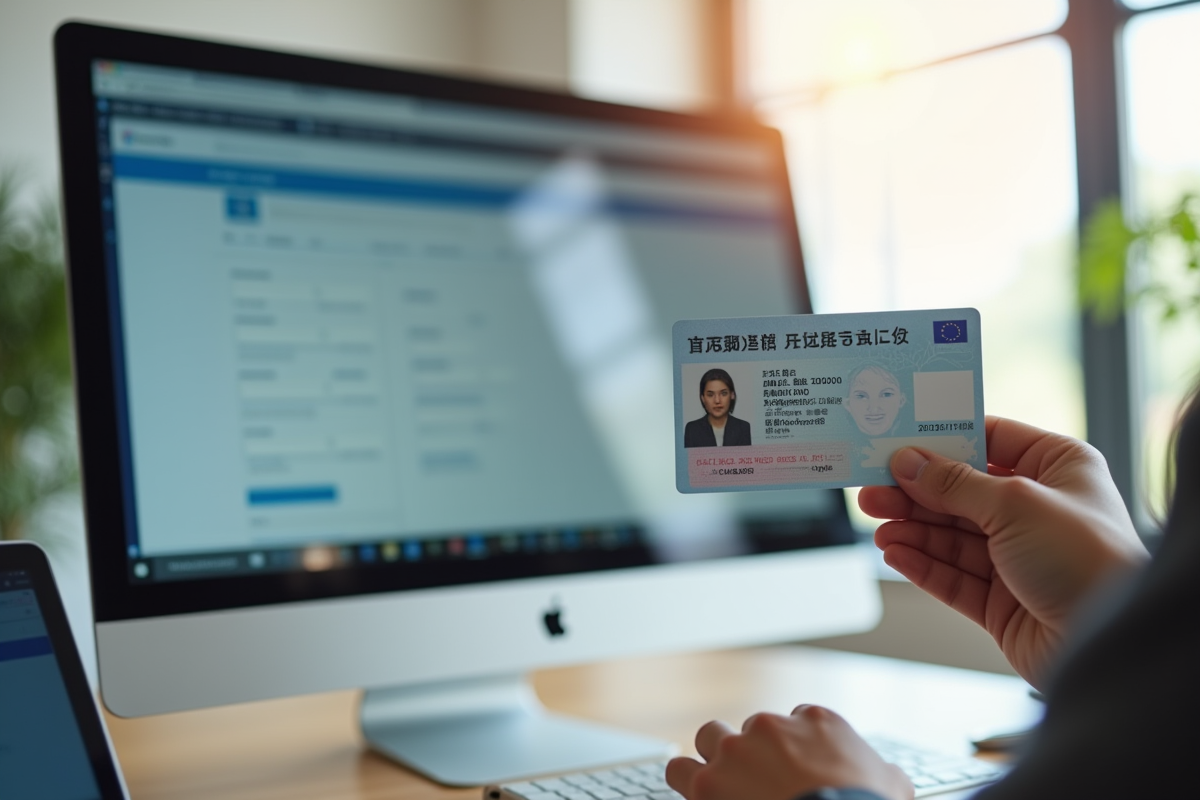 Main tenant un permis de conduire européen devant un écran