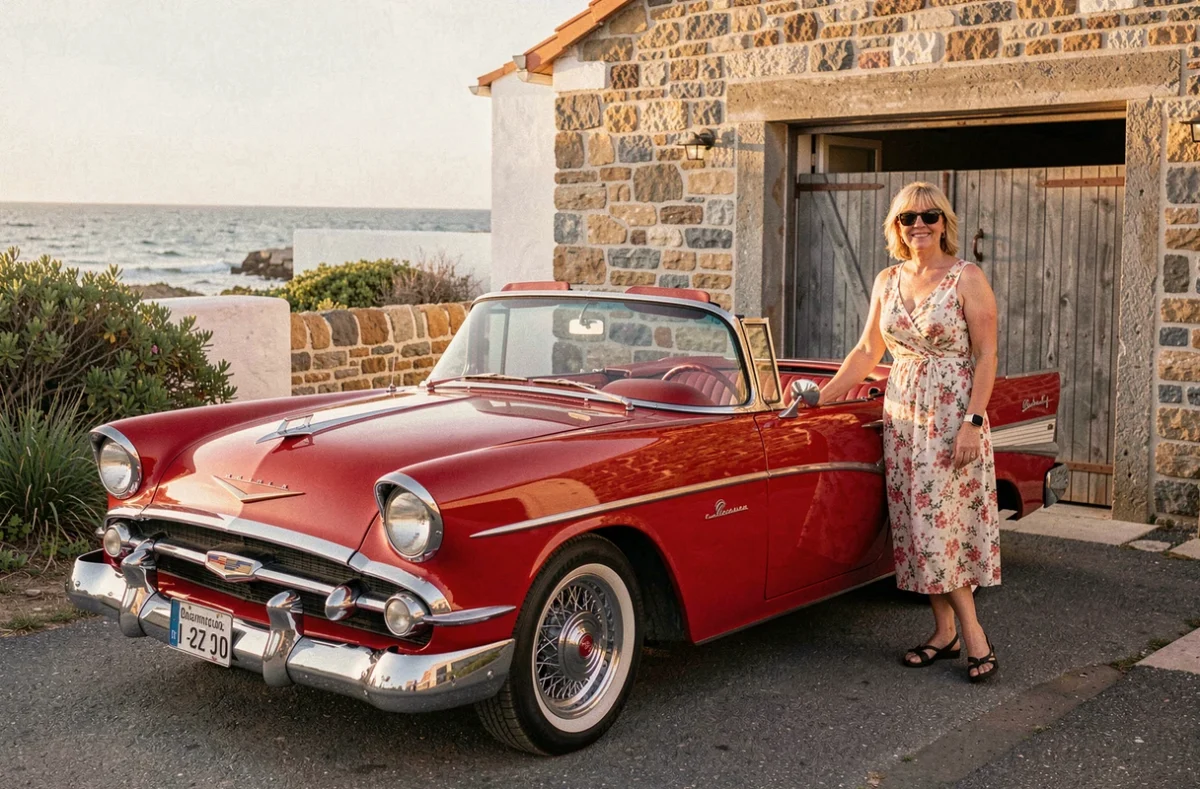Voiture américaine classique des années 60 louée chez Oléron Classic Cars devant une maison charentaise sur l'île d'Oléron